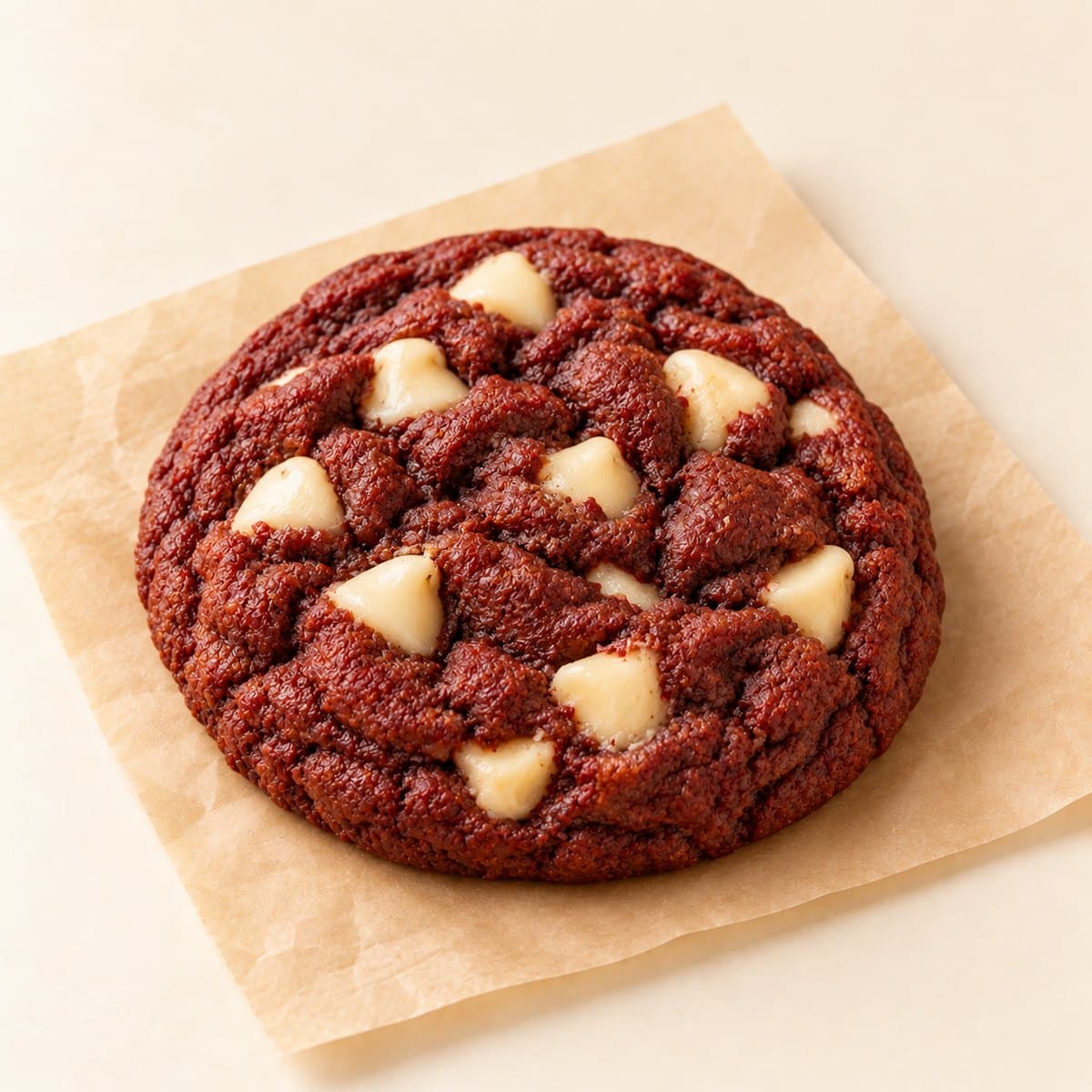 Red velvet cookie studded with white chocolate chips on parchment