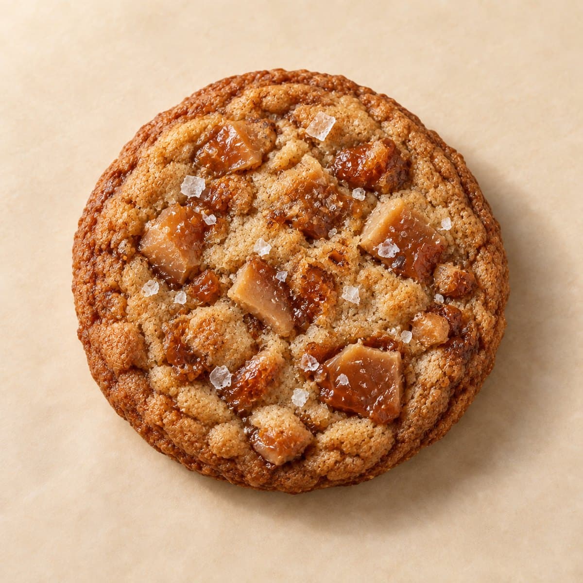 Salted toffee cookie with toffee chunks and flaky sea salt on parchment