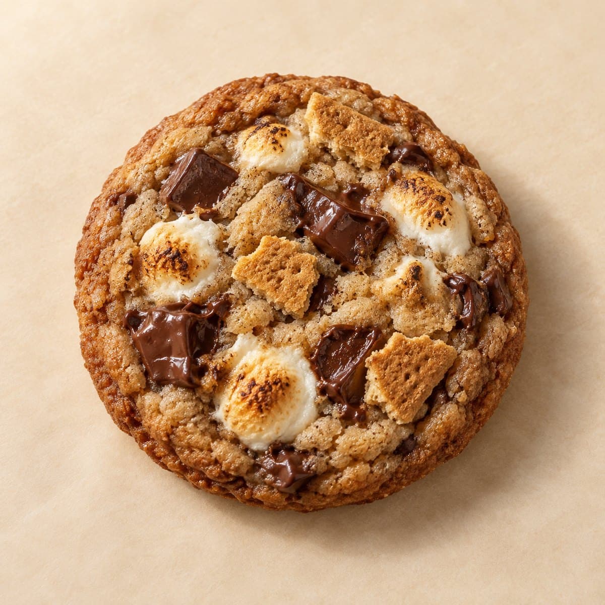 S'mores cookie with toasted marshmallow, graham cracker pieces and dark chocolate on parchment