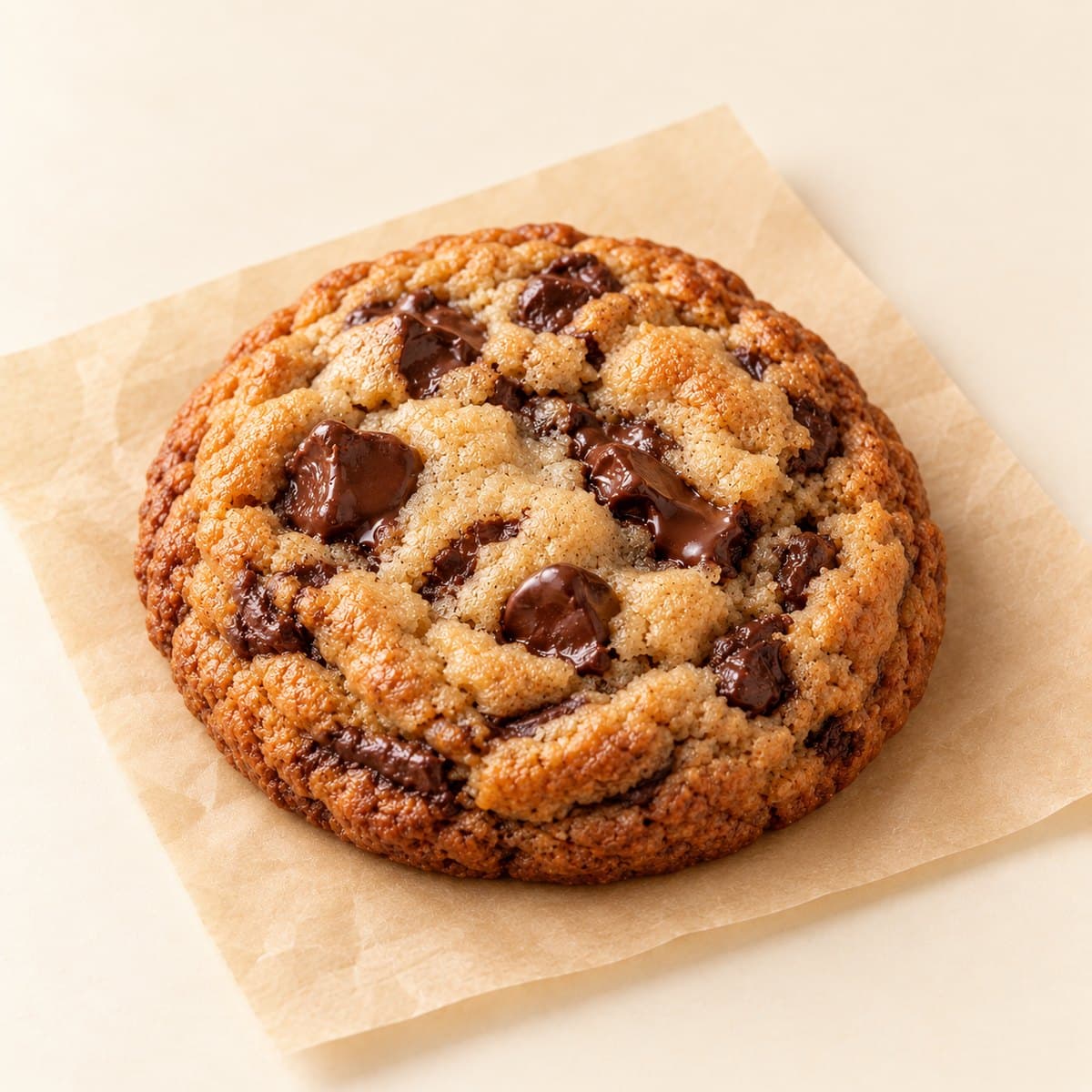 The SS Classic browned-butter chocolate chip cookie with melted chocolate chunks on parchment